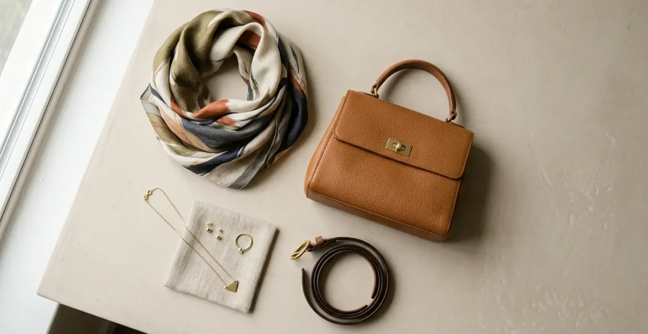 Accessoires mode élégants présentés dans une composition minimaliste, mettant en valeur la qualité des matériaux et l'intemporalité du style