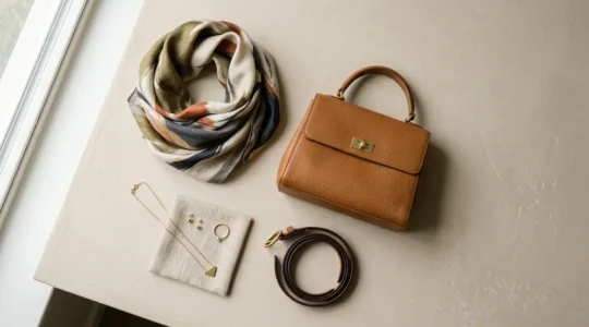 Accessoires mode élégants présentés dans une composition minimaliste, mettant en valeur la qualité des matériaux et l'intemporalité du style