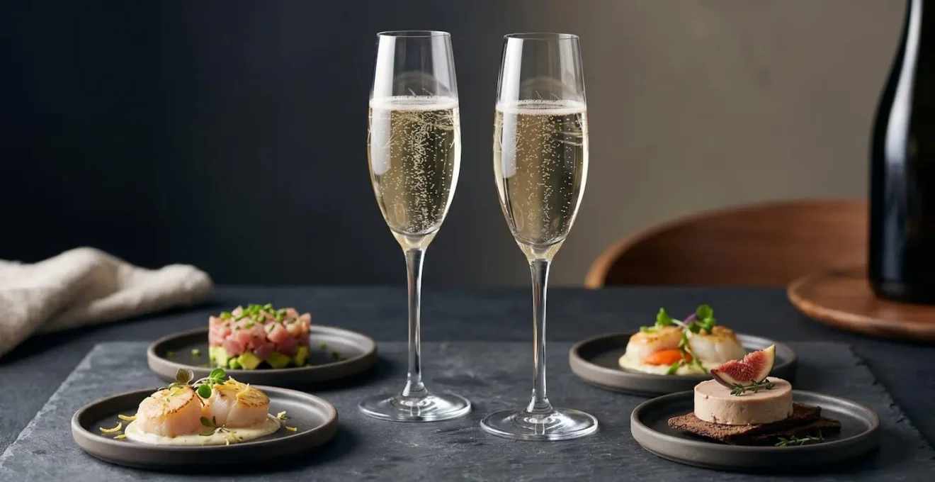 Verres de champagne et mets raffinés disposés en harmonie gustative