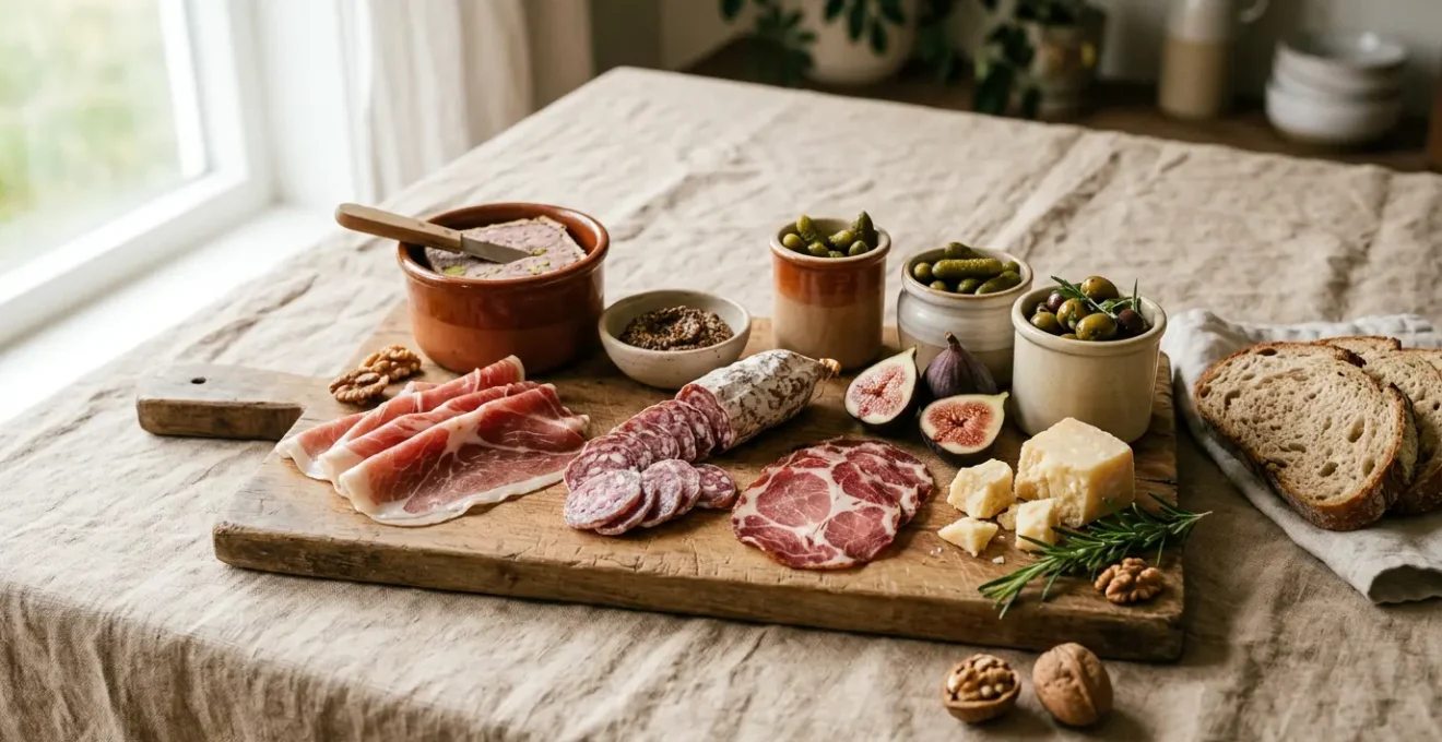 Plateau d'apéritif gastronomique avec salaisons artisanales et accompagnements raffinés