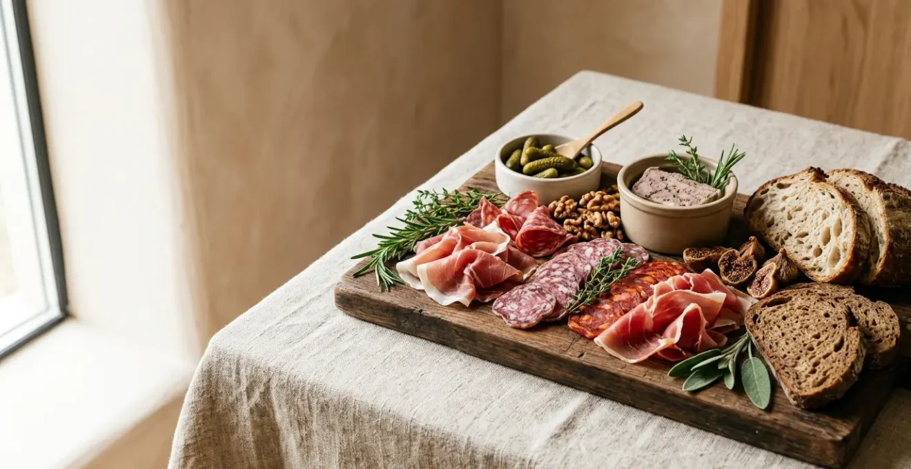 Planche d'apéritif artisanale avec charcuteries régionales, terrines et salaisons disposées avec soin