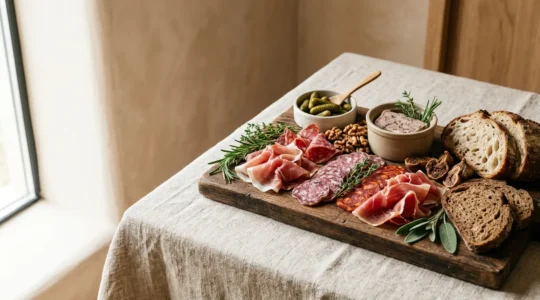 Planche d'apéritif artisanale avec charcuteries régionales, terrines et salaisons disposées avec soin