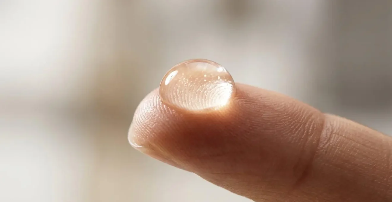 Macro photographie d'une goutte de serum visage sur le bout des doigts