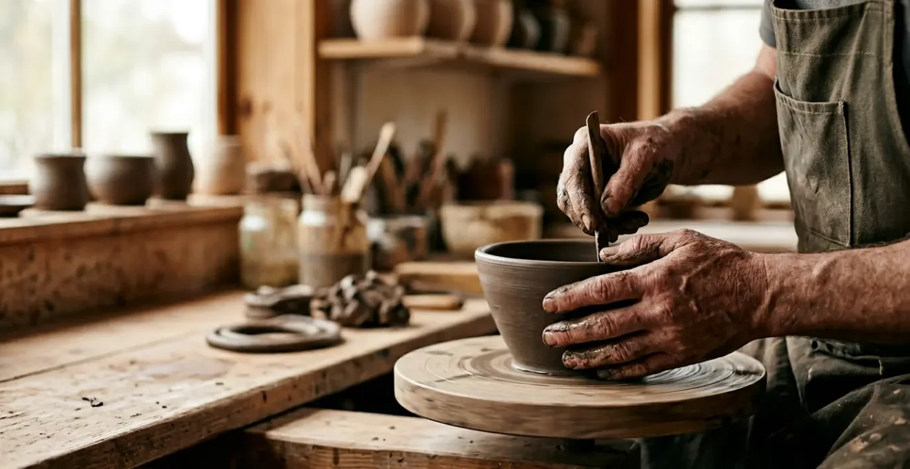 Mains d'artisan créant un objet unique avec soin et précision, symbole du savoir-faire artisanal durable