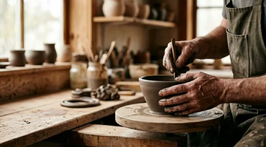 Mains d'artisan créant un objet unique avec soin et précision, symbole du savoir-faire artisanal durable