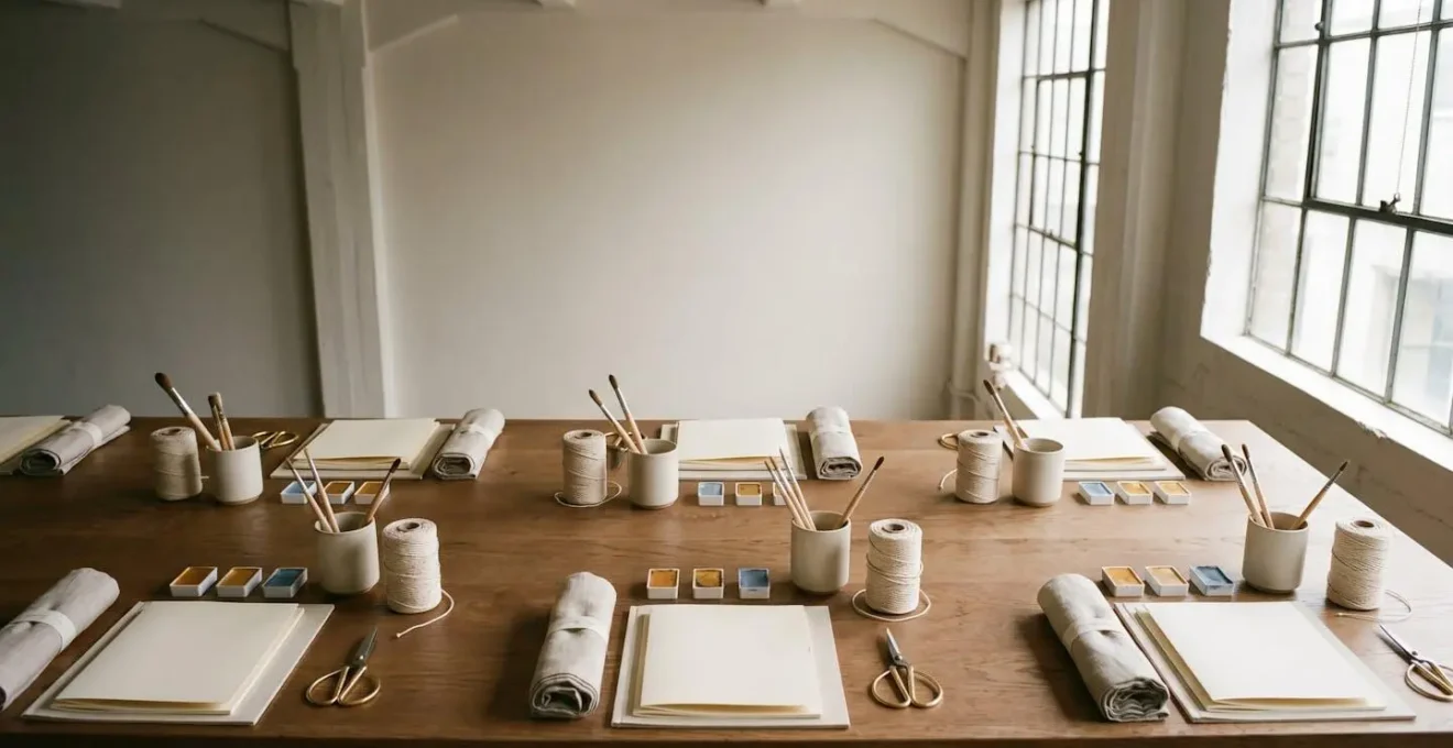 Espace d'atelier créatif préparé pour un groupe avec matériaux organisés et ambiance chaleureuse
