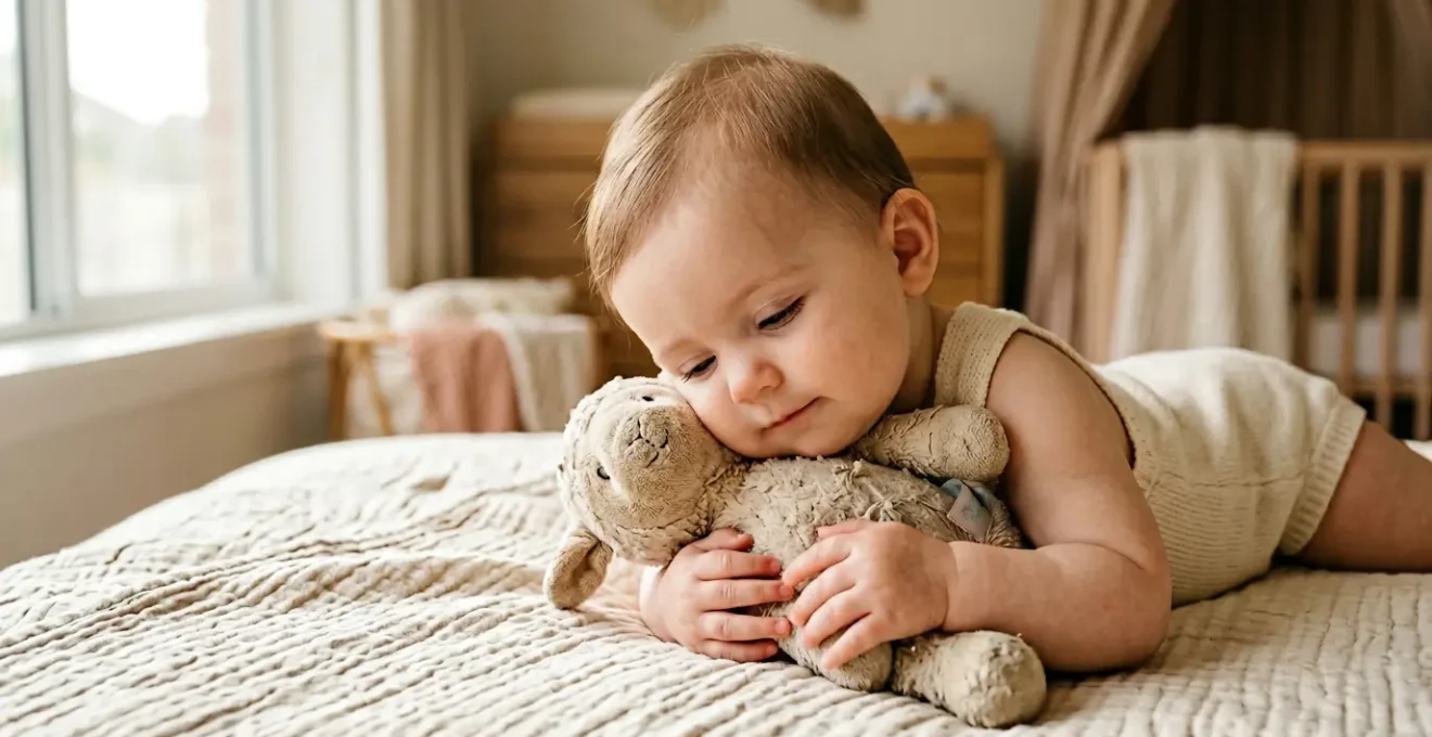 Bébé serein tenant son doudou texturé, moment d'attachement émotionnel et de réconfort
