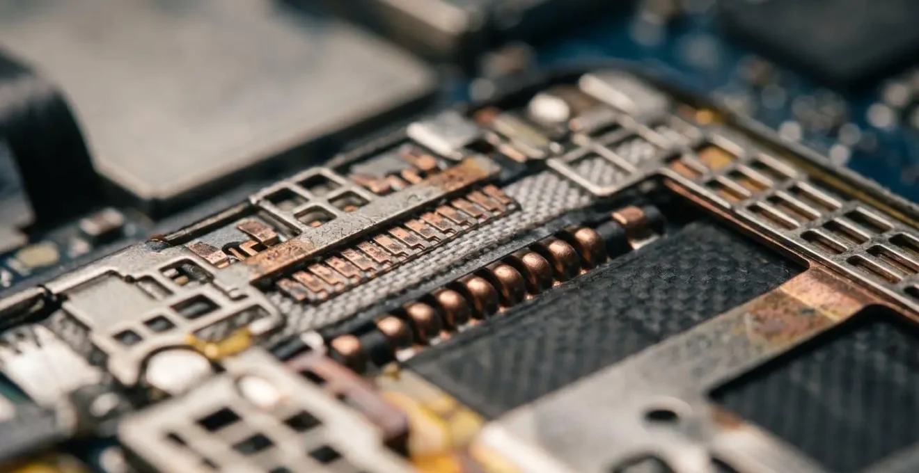 Gros plan macro sur les composants internes d'une batterie de smartphone révélant la complexité de sa réparabilité