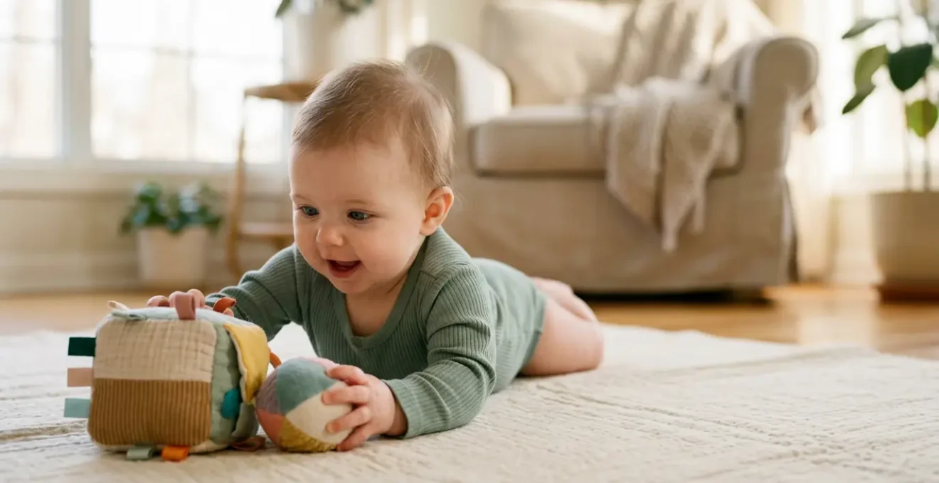 Bébé en pleine découverte sensorielle sur un tapis d'éveil moelleux dans un environnement chaleureux et sécurisé