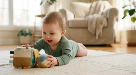 Bébé en pleine découverte sensorielle sur un tapis d'éveil moelleux dans un environnement chaleureux et sécurisé