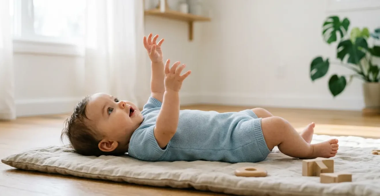 Bébé en pleine découverte sensorielle sur un tapis de jeu au sol dans un environnement sécurisé