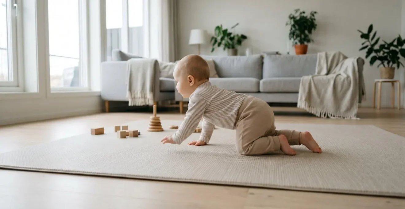 Bébé en phase d'exploration à quatre pattes sur un tapis d'éveil spacieux dans un salon lumineux