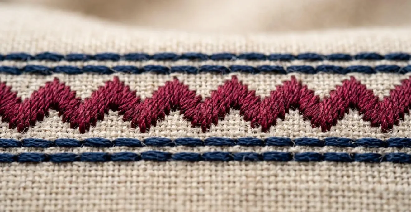 Gros plan macro sur des points de broderie machine montrant la régularité parfaite des fils et la texture du tissu