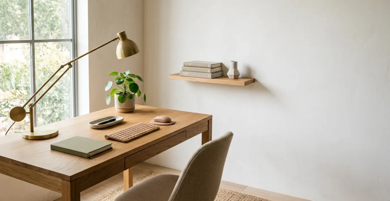 Espace de travail contemporain élégant avec éclairage naturel et accessoires design favorisant confort et productivité