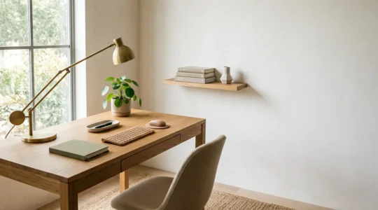 Espace de travail contemporain élégant avec éclairage naturel et accessoires design favorisant confort et productivité