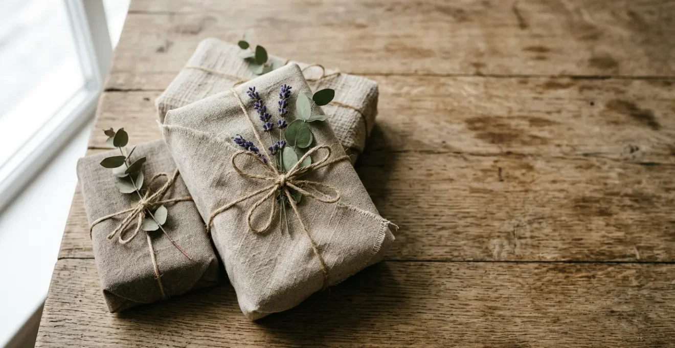 Composition minimaliste de cadeaux écologiques emballés dans du tissu naturel avec végétaux