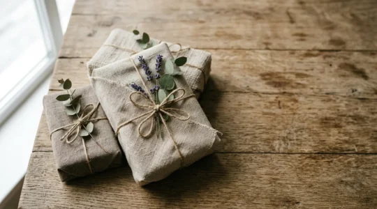 Composition minimaliste de cadeaux écologiques emballés dans du tissu naturel avec végétaux