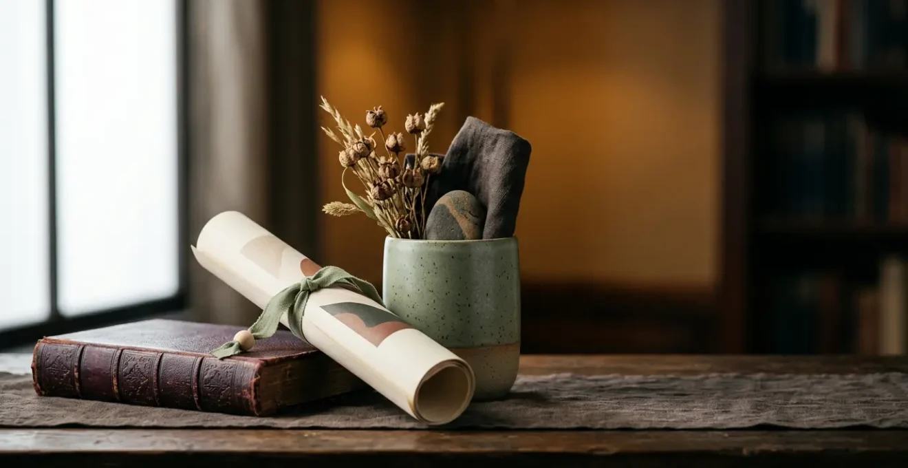 Composition artistique évoquant la surprise et la découverte intellectuelle à travers des objets culturels