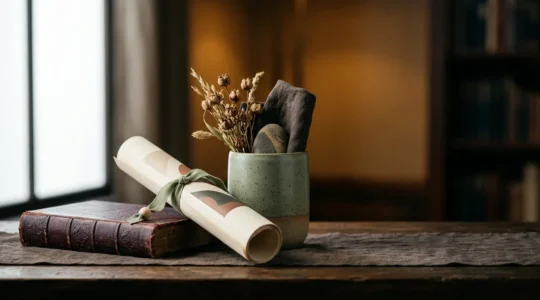 Composition artistique évoquant la surprise et la découverte intellectuelle à travers des objets culturels
