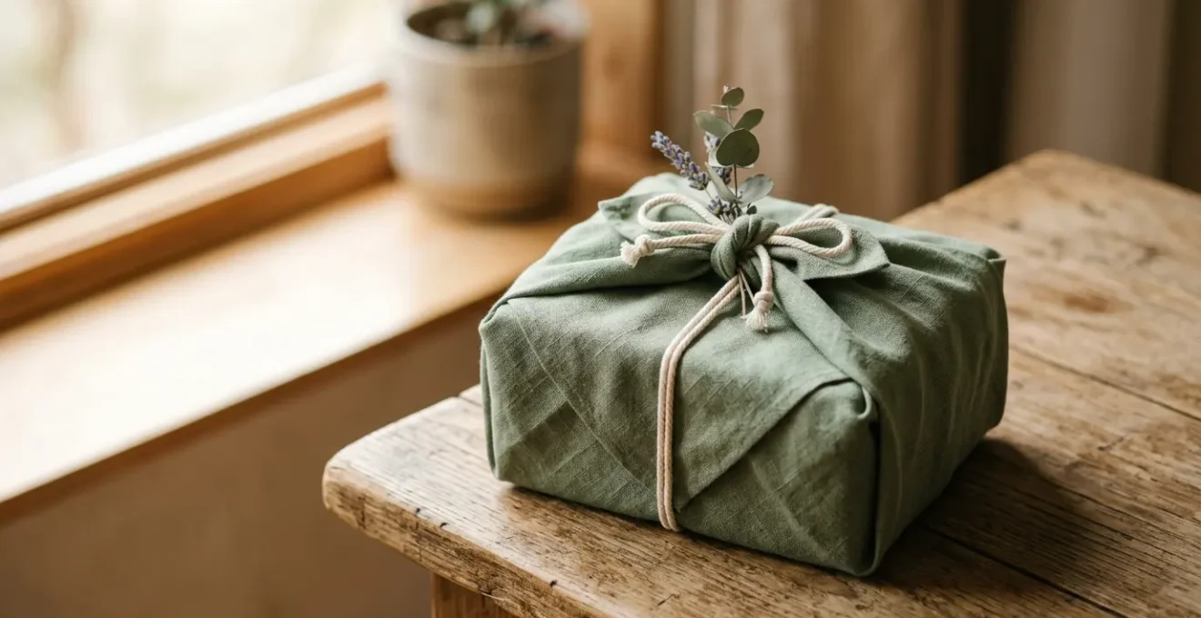 Cadeau écologique emballé dans un tissu réutilisable avec des éléments naturels