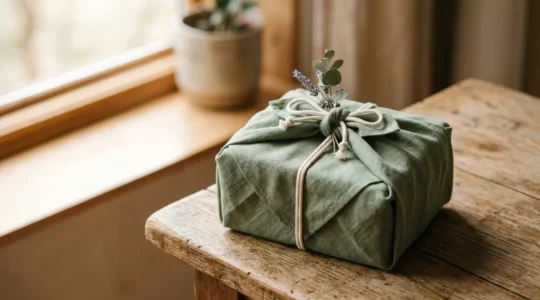 Cadeau écologique emballé dans un tissu réutilisable avec des éléments naturels
