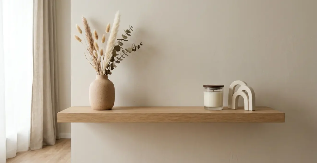 Intérieur élégant avec objets décoratifs neutres disposés harmonieusement sur une étagère