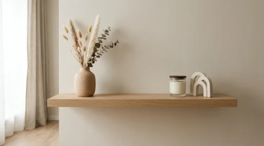 Intérieur élégant avec objets décoratifs neutres disposés harmonieusement sur une étagère