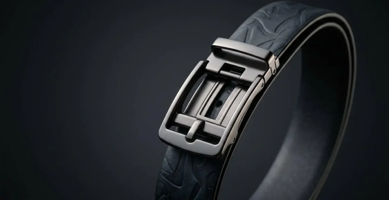 Ceinture moderne à boucle coulissante ajustable, détail sur le mécanisme sans trou