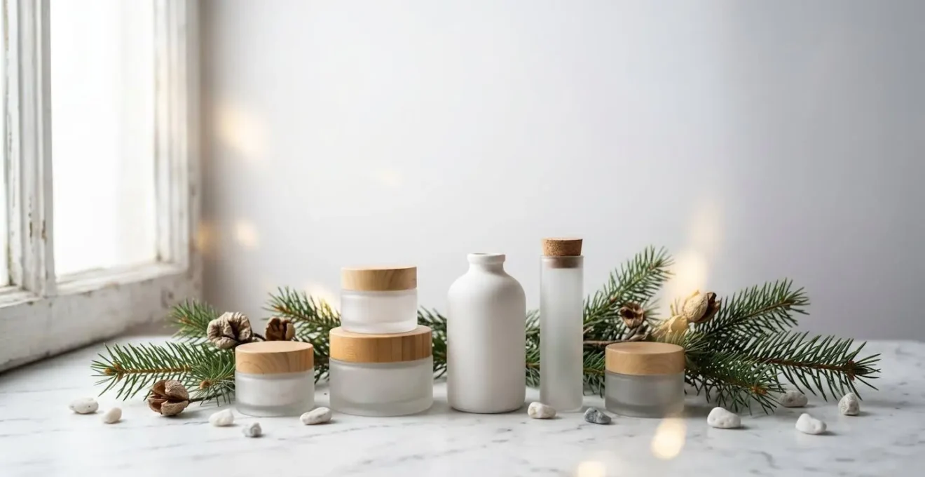 Composition environnementale minimaliste évoquant la mise en scène festive des coffrets cosmétiques