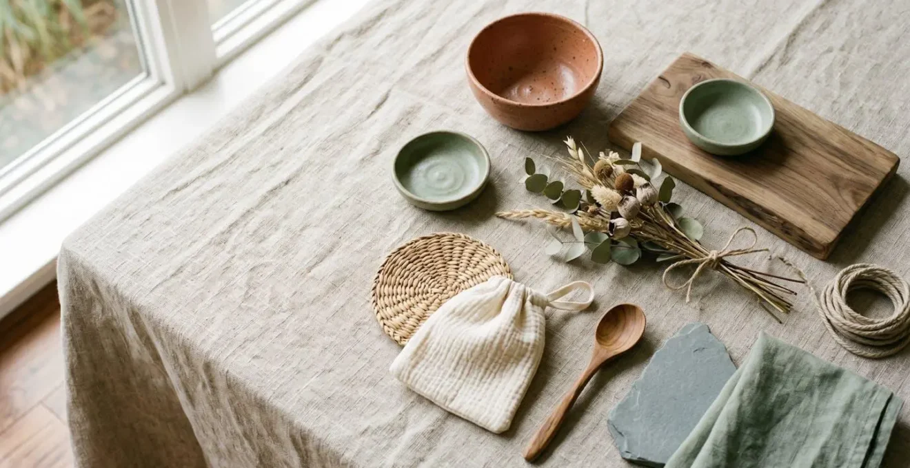 Vue en plongée d'une composition soignée d'objets artisanaux et de produits naturels évoquant un panier cadeau personnalisé