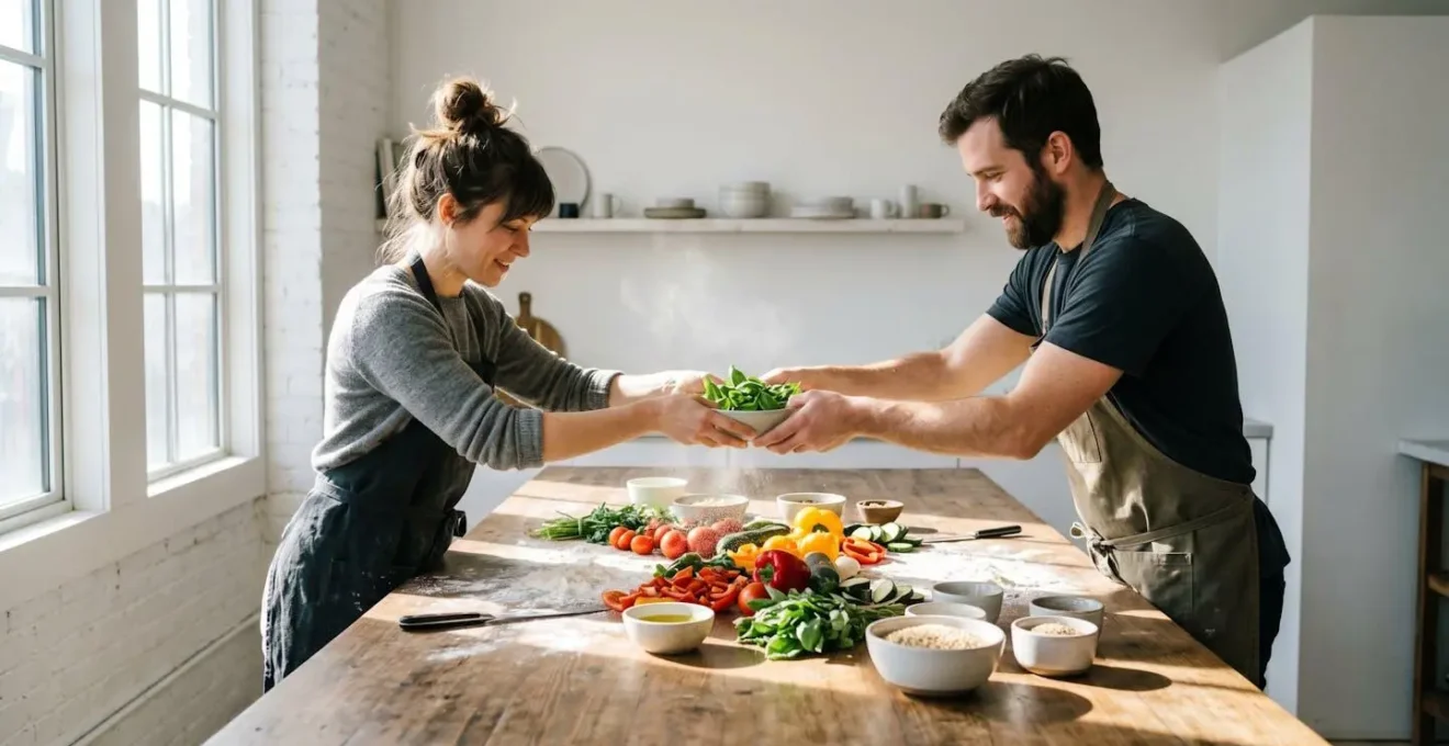 Couple préparant ensemble un repas dans une atmosphère complice et créative