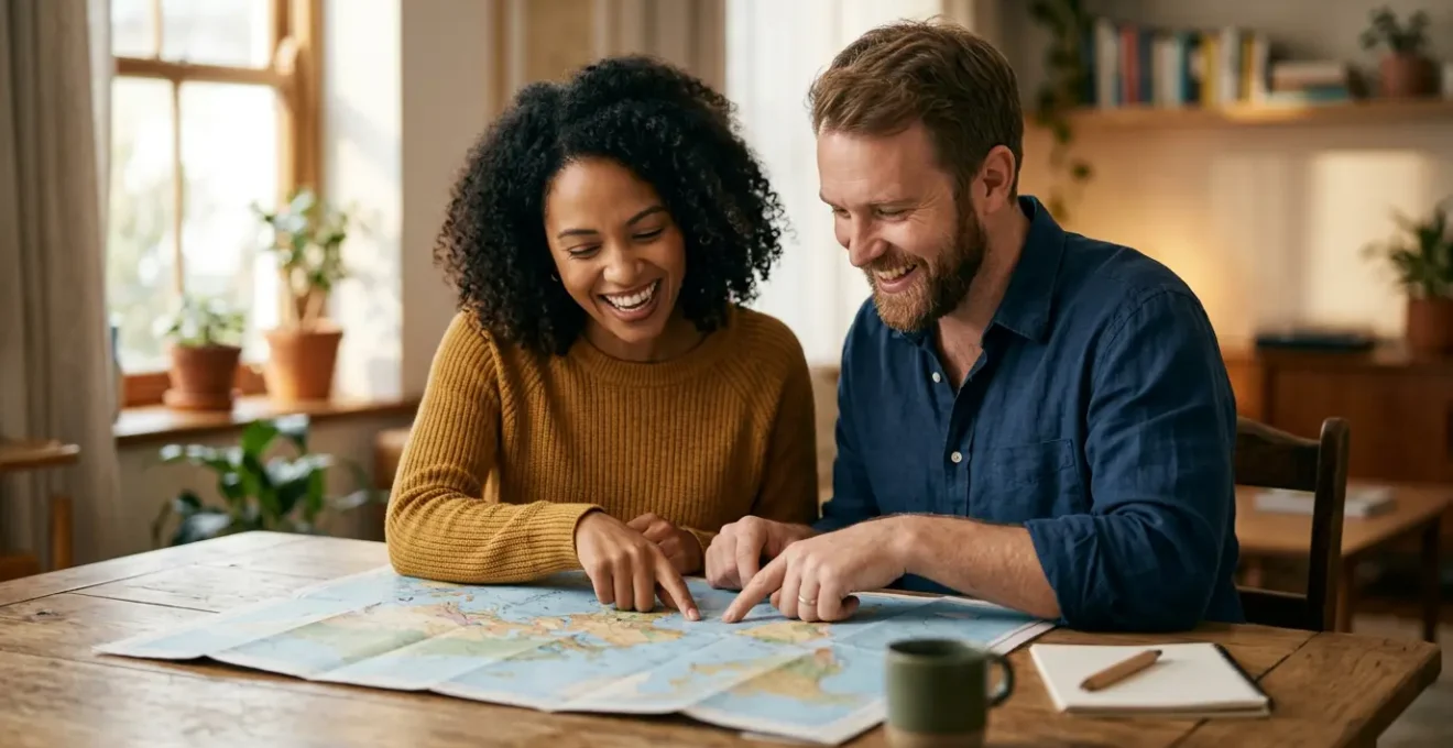 Couple planifiant un week-end romantique avec une carte et des documents de voyage