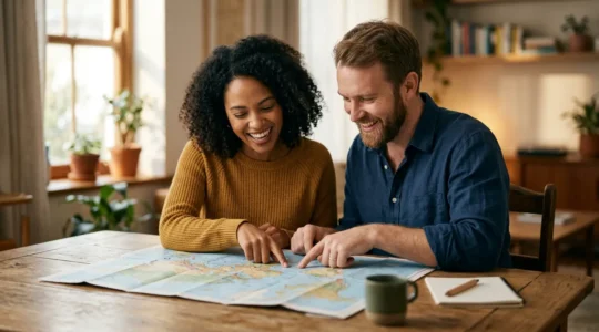 Couple planifiant un week-end romantique avec une carte et des documents de voyage