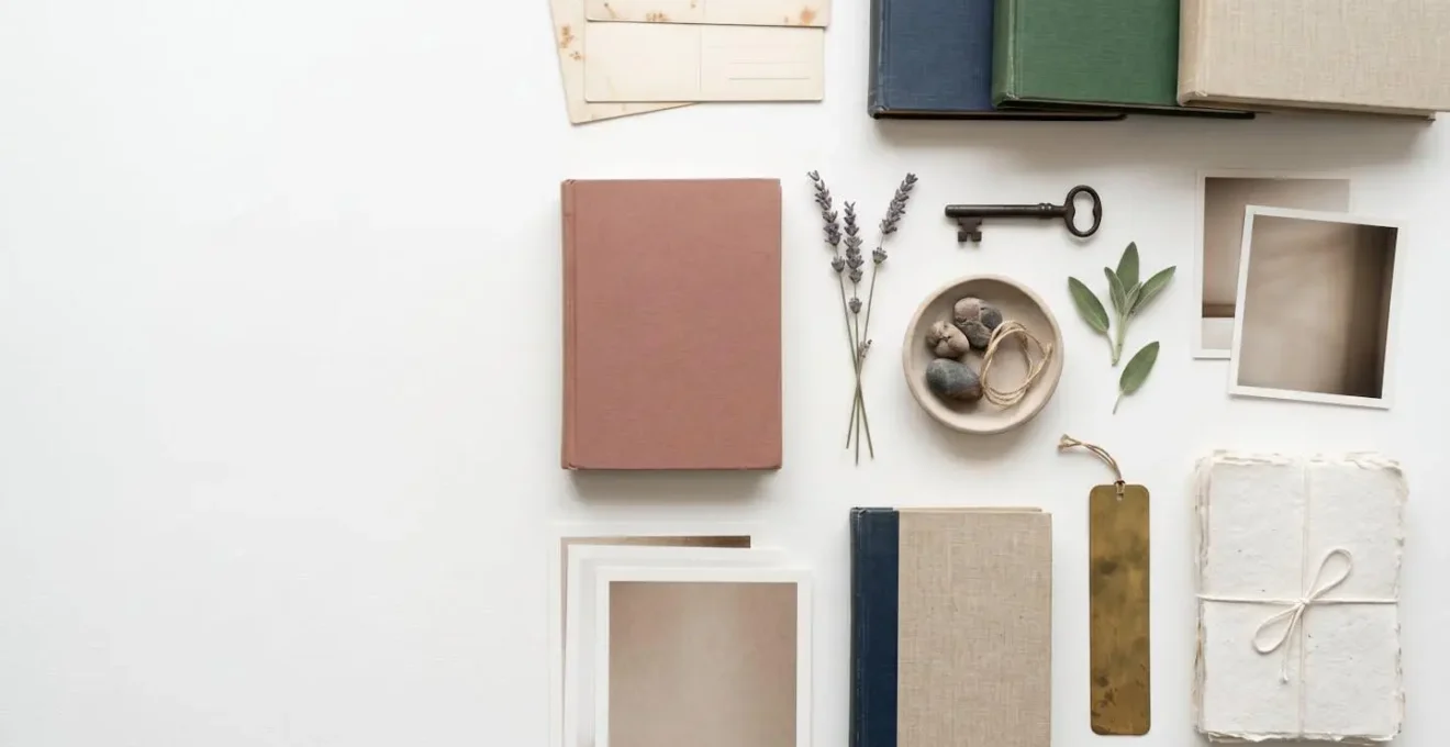 Vue d'ensemble minimaliste d'une collection d'objets culturels soigneusement arrangés