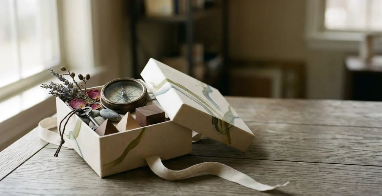 Scène éditoriale évoquant l'analyse critique des coffrets cadeaux, avec éléments symboliques de choix et de réflexion