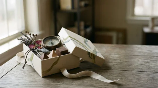 Scène éditoriale évoquant l'analyse critique des coffrets cadeaux, avec éléments symboliques de choix et de réflexion