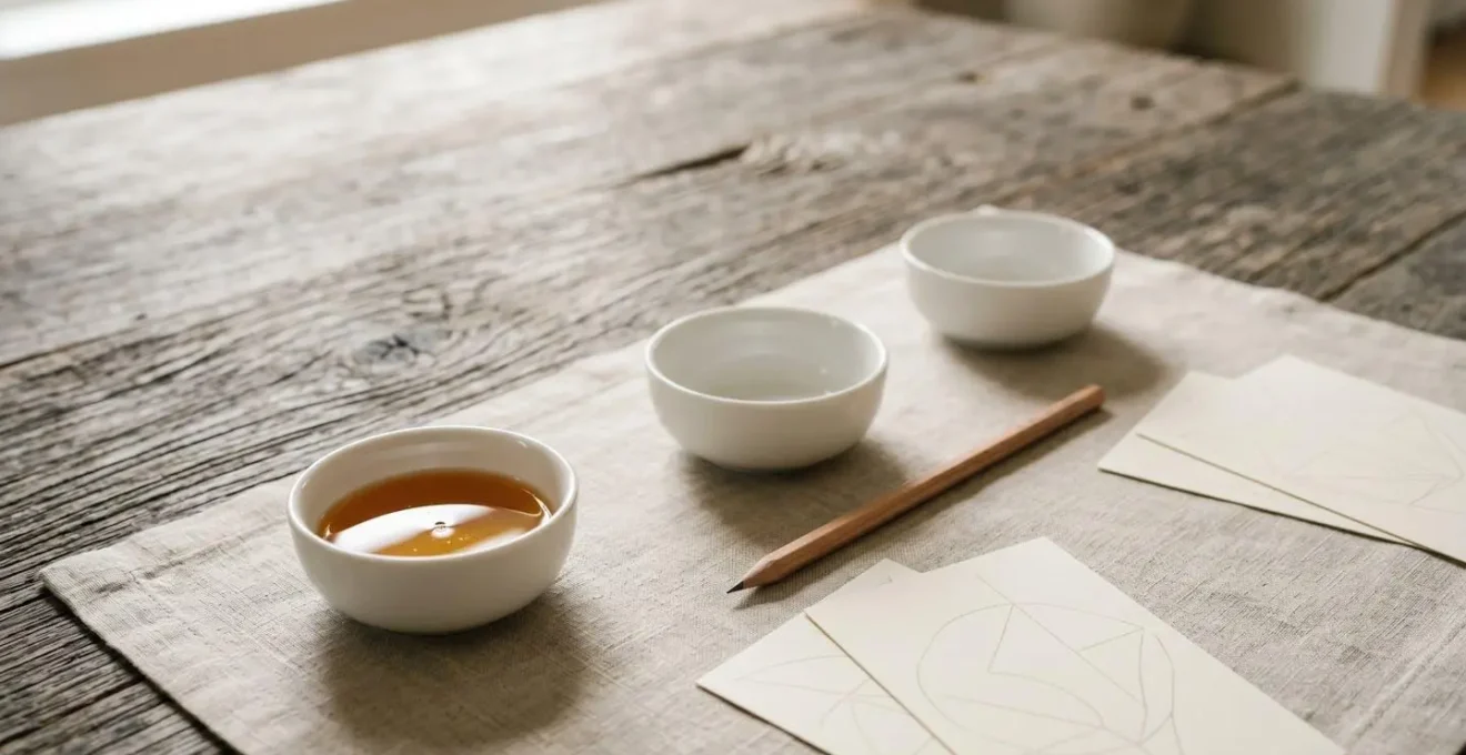 Mise en scène d'un défi sensoriel de dégustation à l'aveugle avec fiches de notation et produits artisanaux