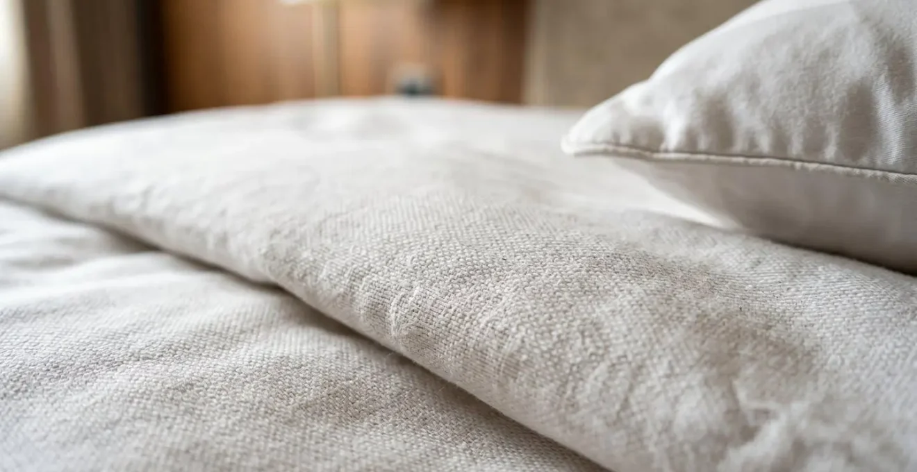 Gros plan sur des draps d'hotel de qualite avec texture visible et lumiere naturelle