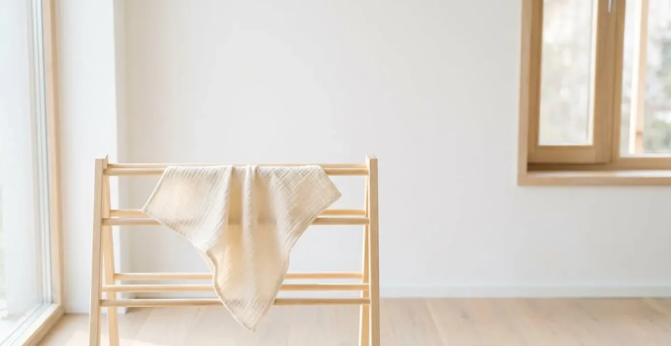 Doudou en gaze de coton naturelle suspendu à sécher à la lumière douce du jour près d'une fenêtre