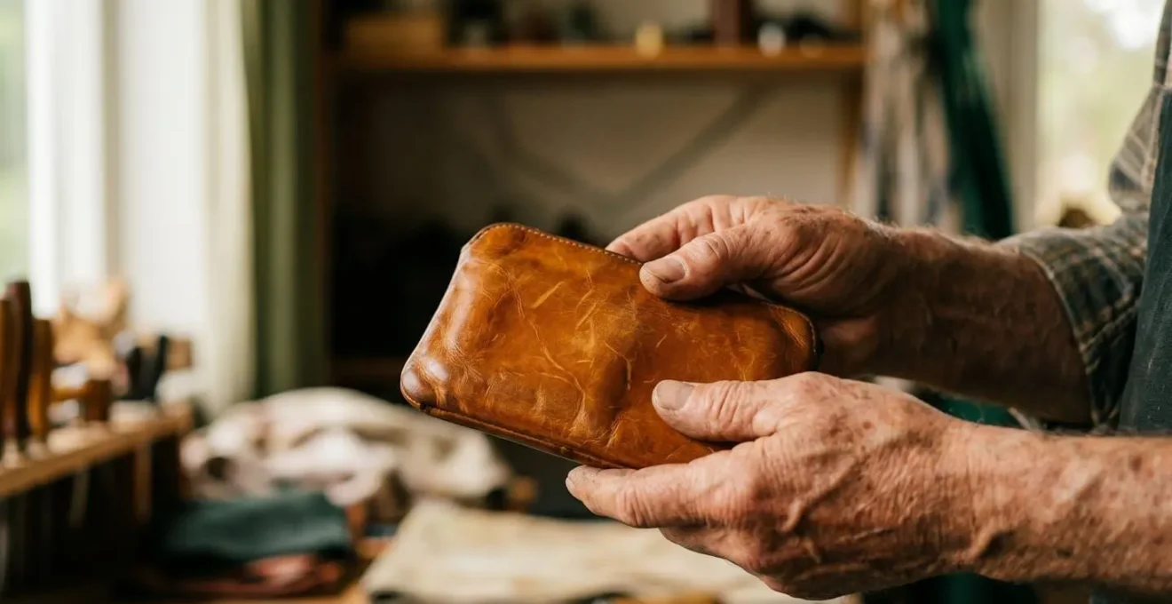 Vue rapprochée d'un objet en cuir patiné révélant la beauté de l'usure et de la durabilité