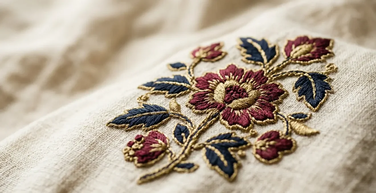 Vue artistique d'une broderie élégante sur textile de qualité avec fil satiné créant un motif raffiné
