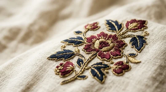 Vue artistique d'une broderie élégante sur textile de qualité avec fil satiné créant un motif raffiné