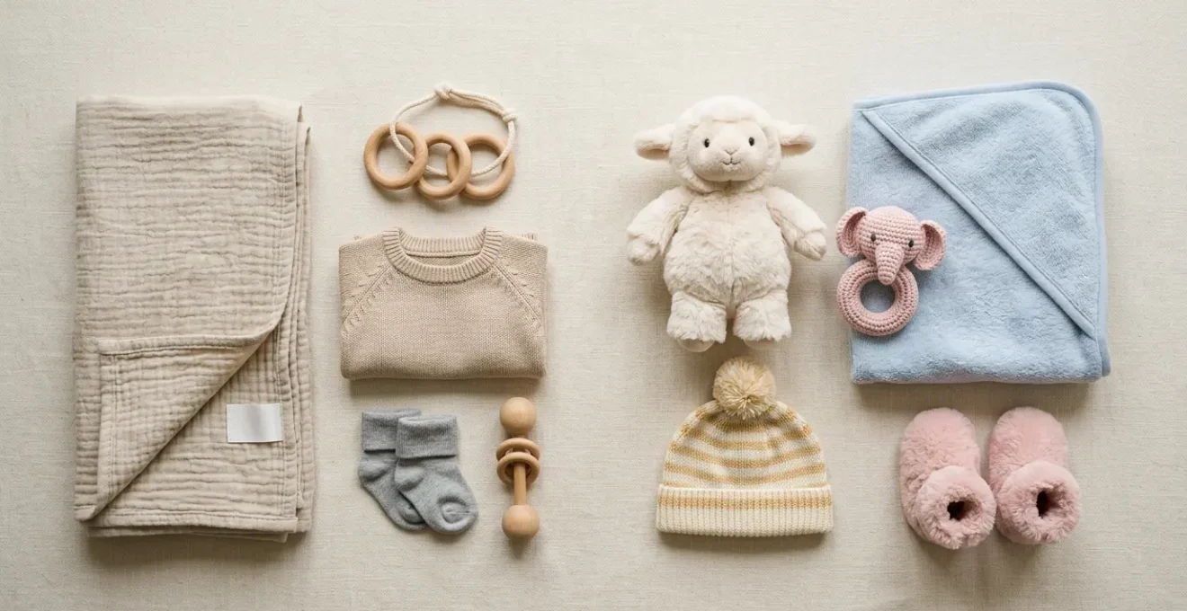 Composition équilibrée entre objets pratiques de puériculture et éléments doux et tendres pour bébé