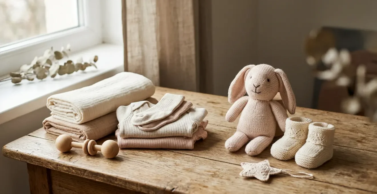 Scène montrant l'équilibre subtil entre praticité et tendresse dans le choix des cadeaux pour bébé