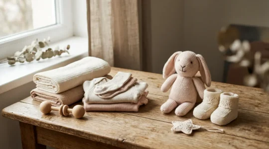 Scène montrant l'équilibre subtil entre praticité et tendresse dans le choix des cadeaux pour bébé
