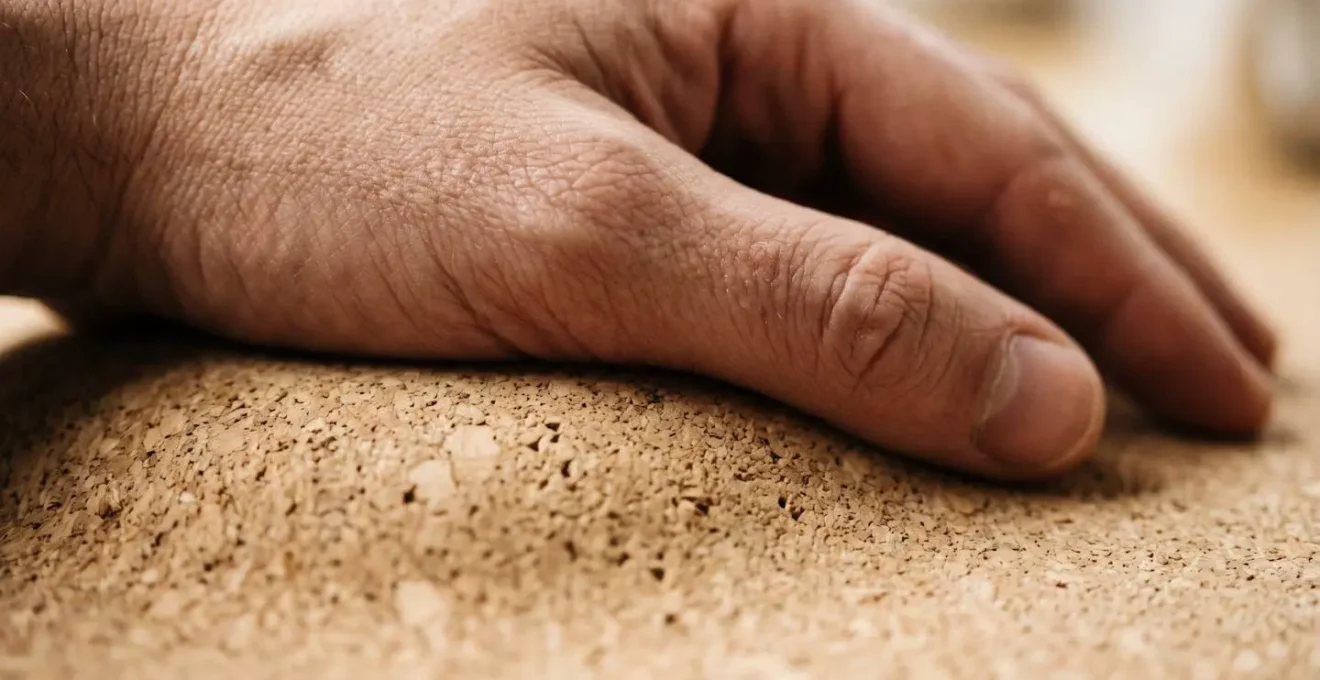 Vue macro d'une main au repos sur une surface ergonomique texturée