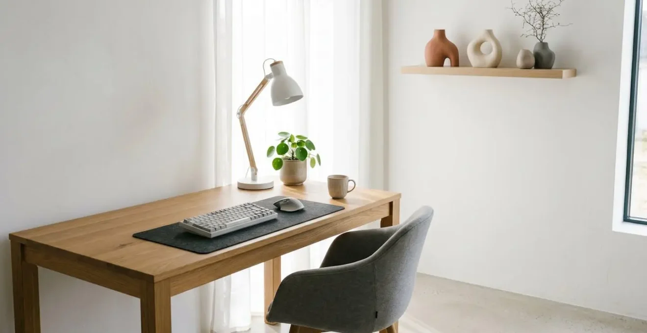 Espace de travail minimaliste ergonomique baigné de lumière naturelle illustrant la productivité sereine