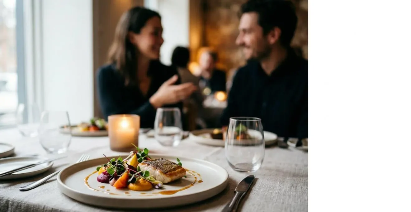 Table élégamment dressée avec plats gastronomiques et atmosphère chaleureuse pour une expérience culinaire mémorable