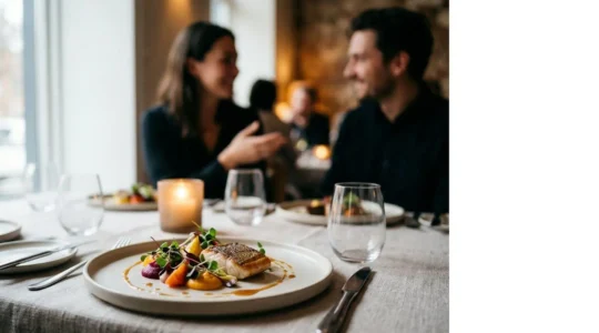 Table élégamment dressée avec plats gastronomiques et atmosphère chaleureuse pour une expérience culinaire mémorable