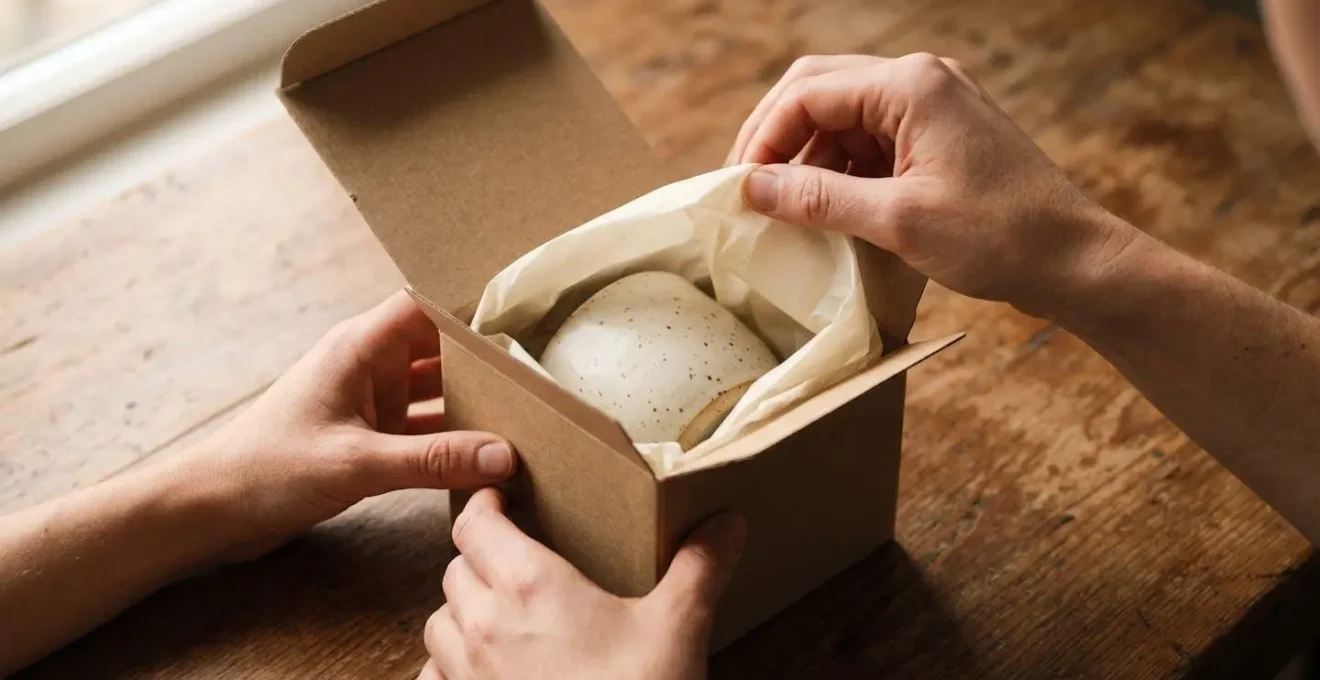 Scène d'ouverture d'un mug photo dans un emballage premium soigné et élégant